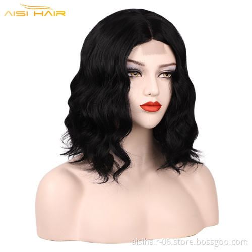 Aisi Top Quality Short Wavy Bob Wigs For Black Women Middle Part Synthetic Lace Black Wigs Wholesale Price